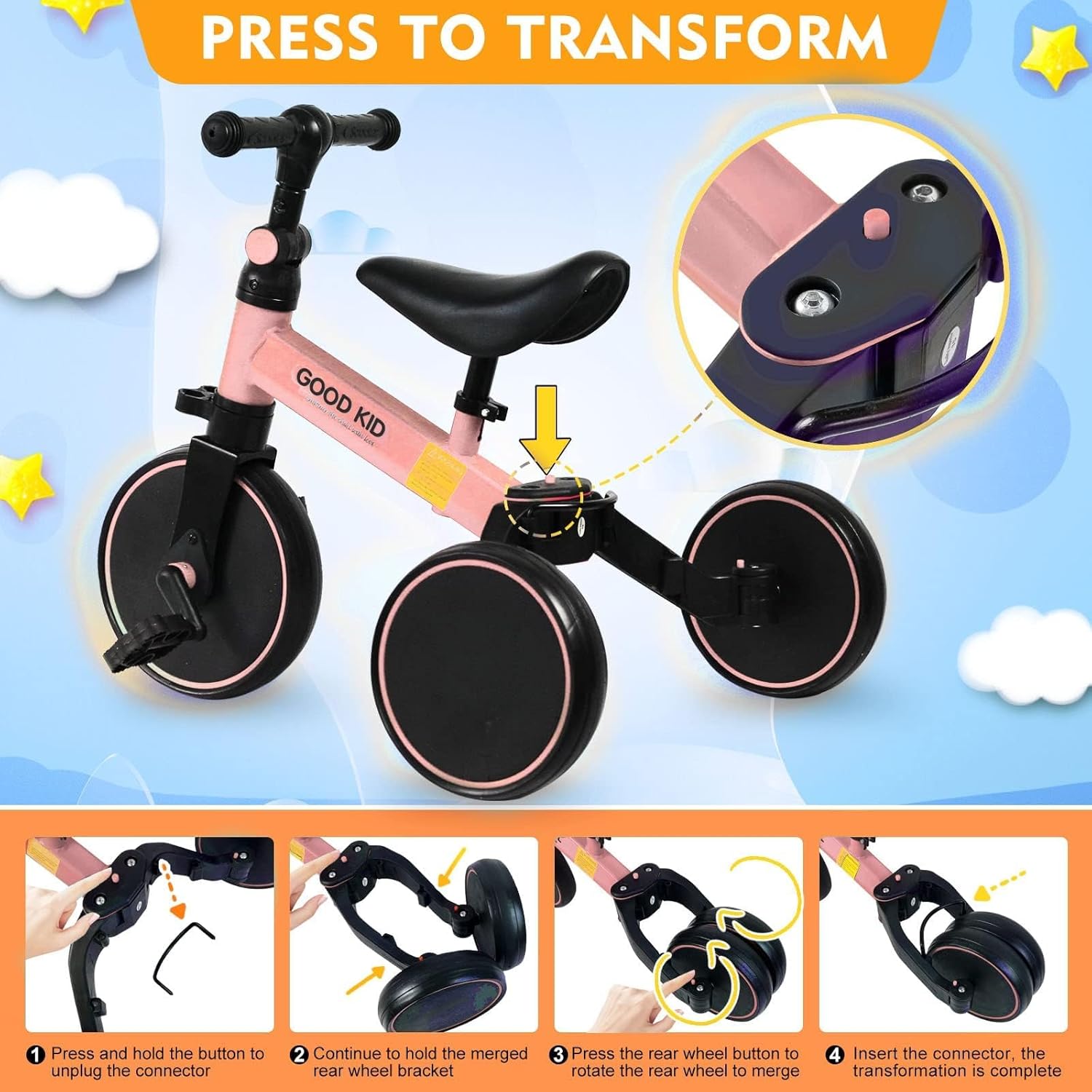 4 in 1 Kids Balance Bike Tricycles for 1.5-5 Years, Toddlers Trike with Adjustable Seat Indoor Outdoor