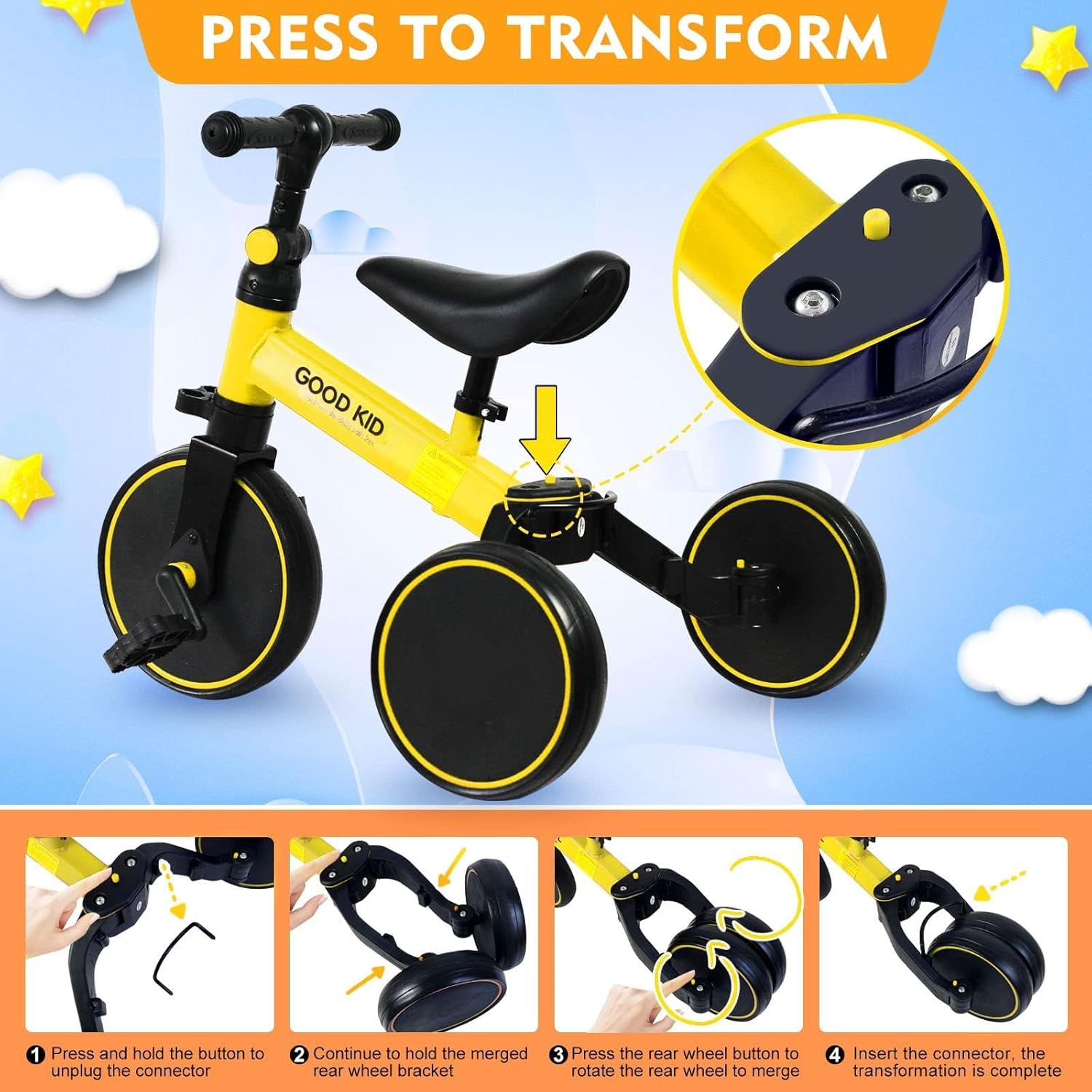 4 in 1 Kids Balance Bike Tricycles for 1.5-5 Years, Toddlers Trike with Adjustable Seat Indoor Outdoor