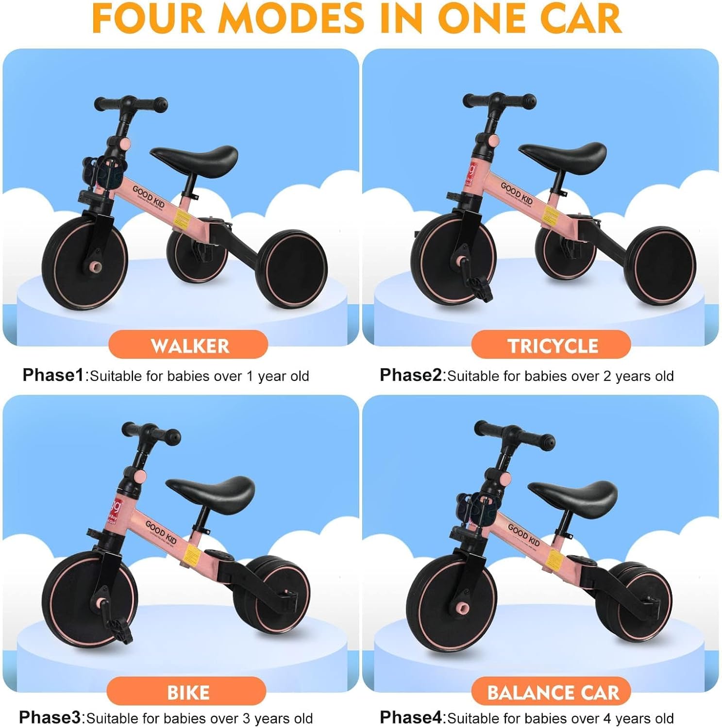 4 in 1 Kids Balance Bike Tricycles for 1.5-5 Years, Toddlers Trike with Adjustable Seat Indoor Outdoor