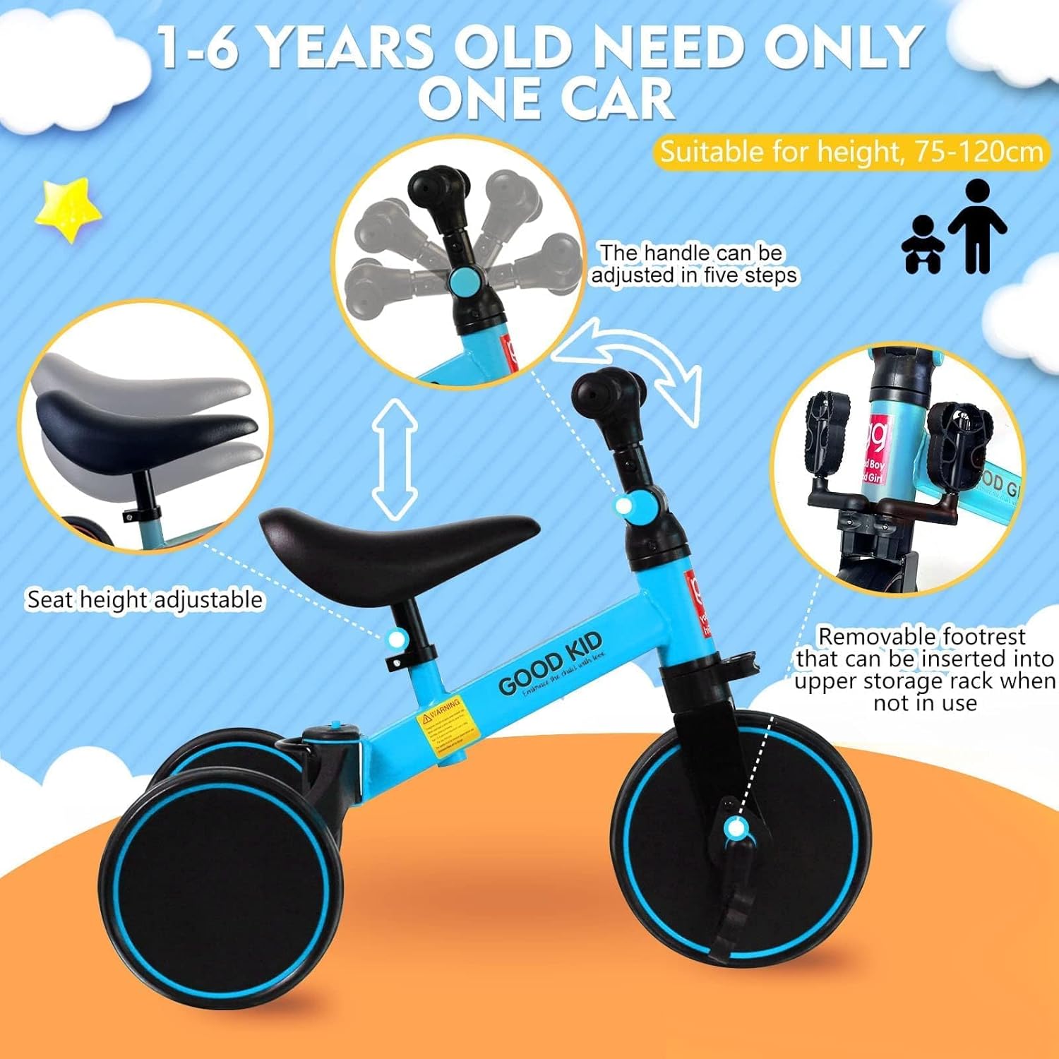 4 in 1 Kids Balance Bike Tricycles for 1.5-5 Years, Toddlers Trike with Adjustable Seat Indoor Outdoor