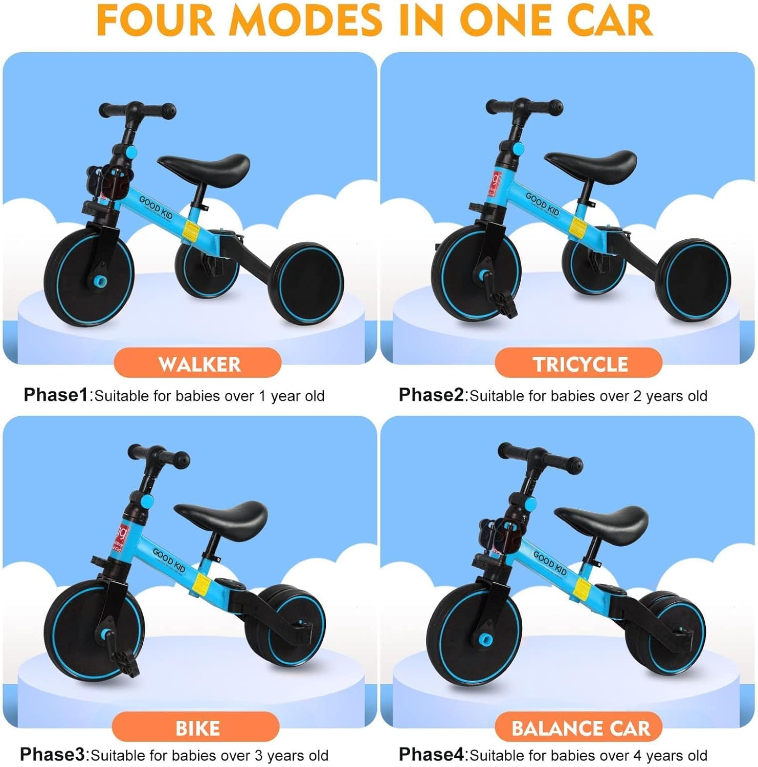 4 in 1 Kids Balance Bike Tricycles for 1.5-5 Years, Toddlers Trike with Adjustable Seat Indoor Outdoor