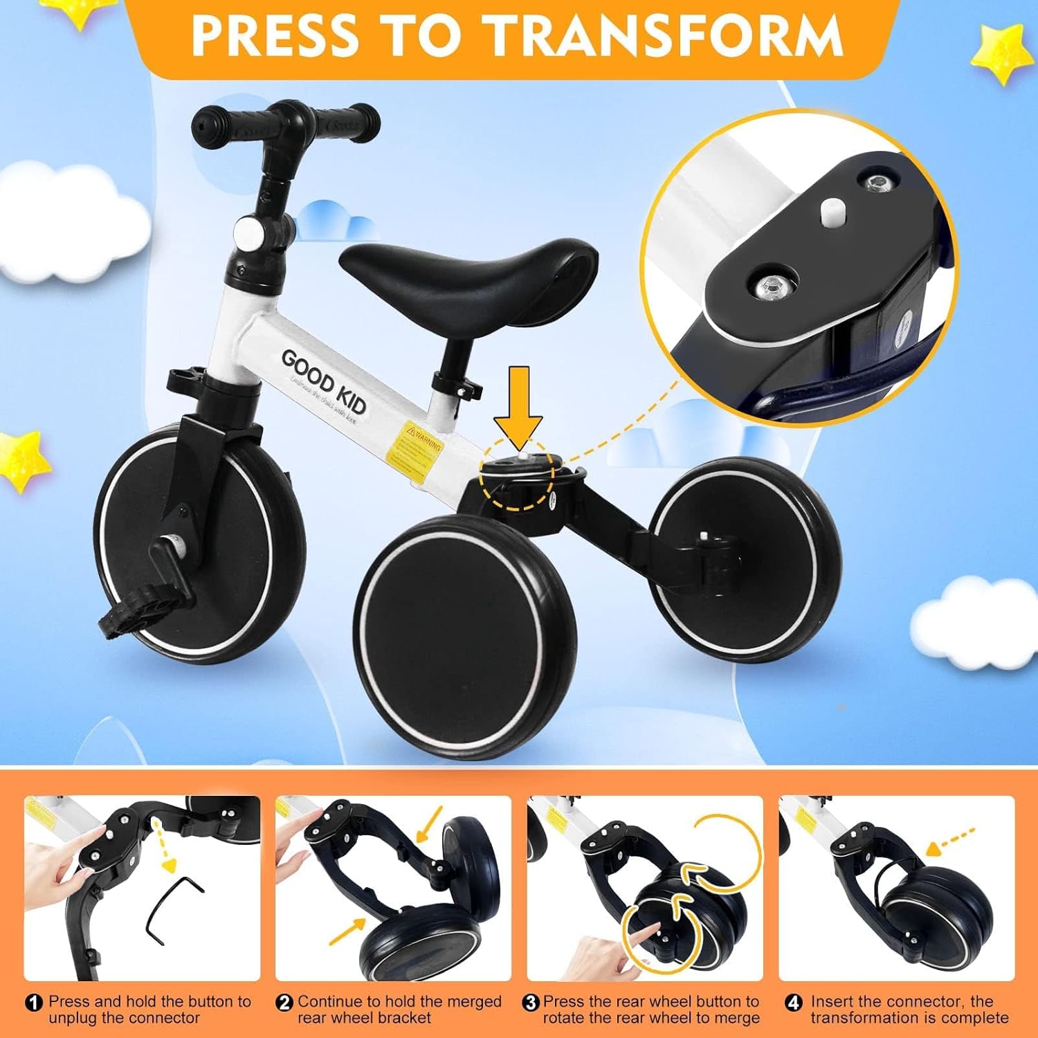 4 in 1 Kids Balance Bike Tricycles for 1.5-5 Years, Toddlers Trike with Adjustable Seat Indoor Outdoor