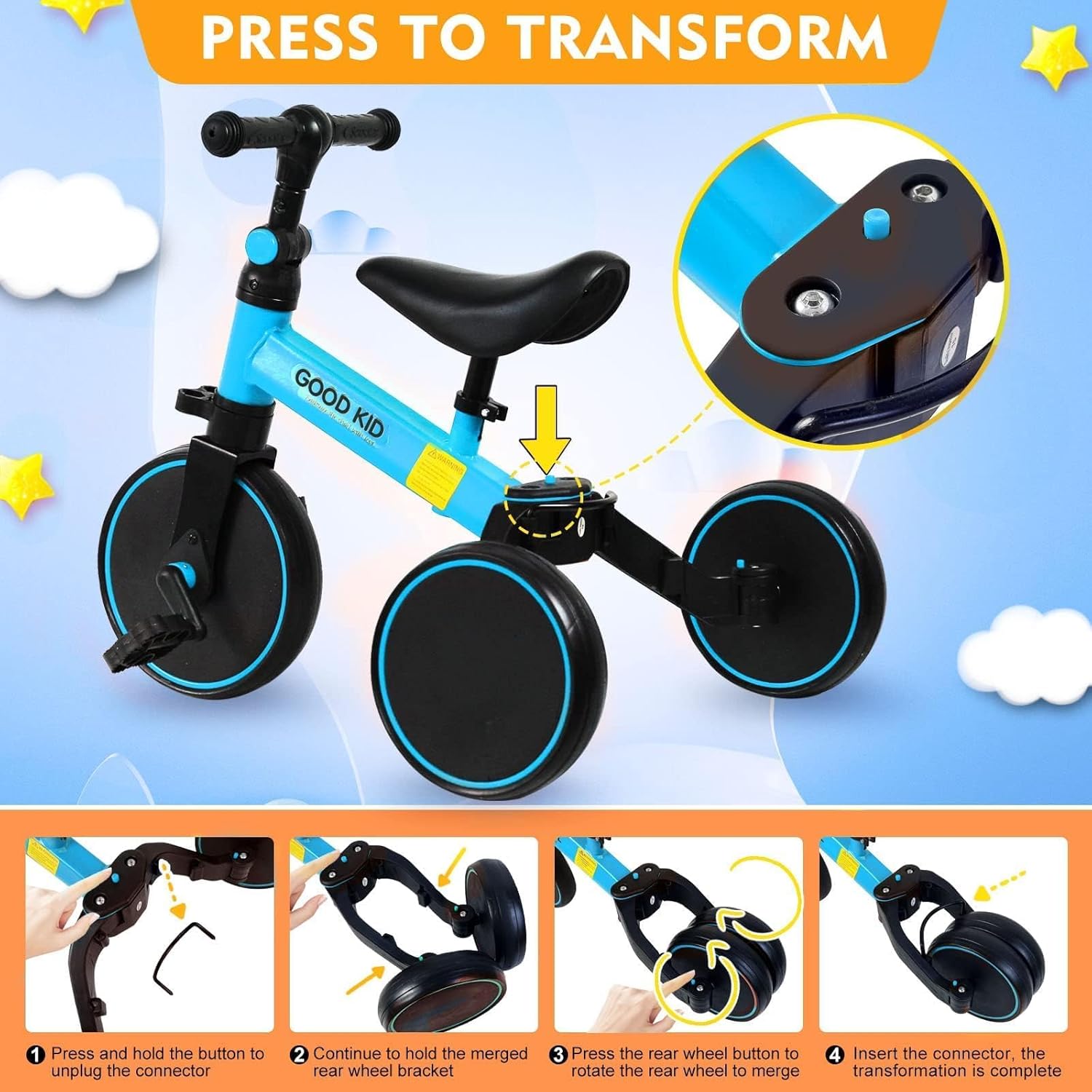 4 in 1 Kids Balance Bike Tricycles for 1.5-5 Years, Toddlers Trike with Adjustable Seat Indoor Outdoor