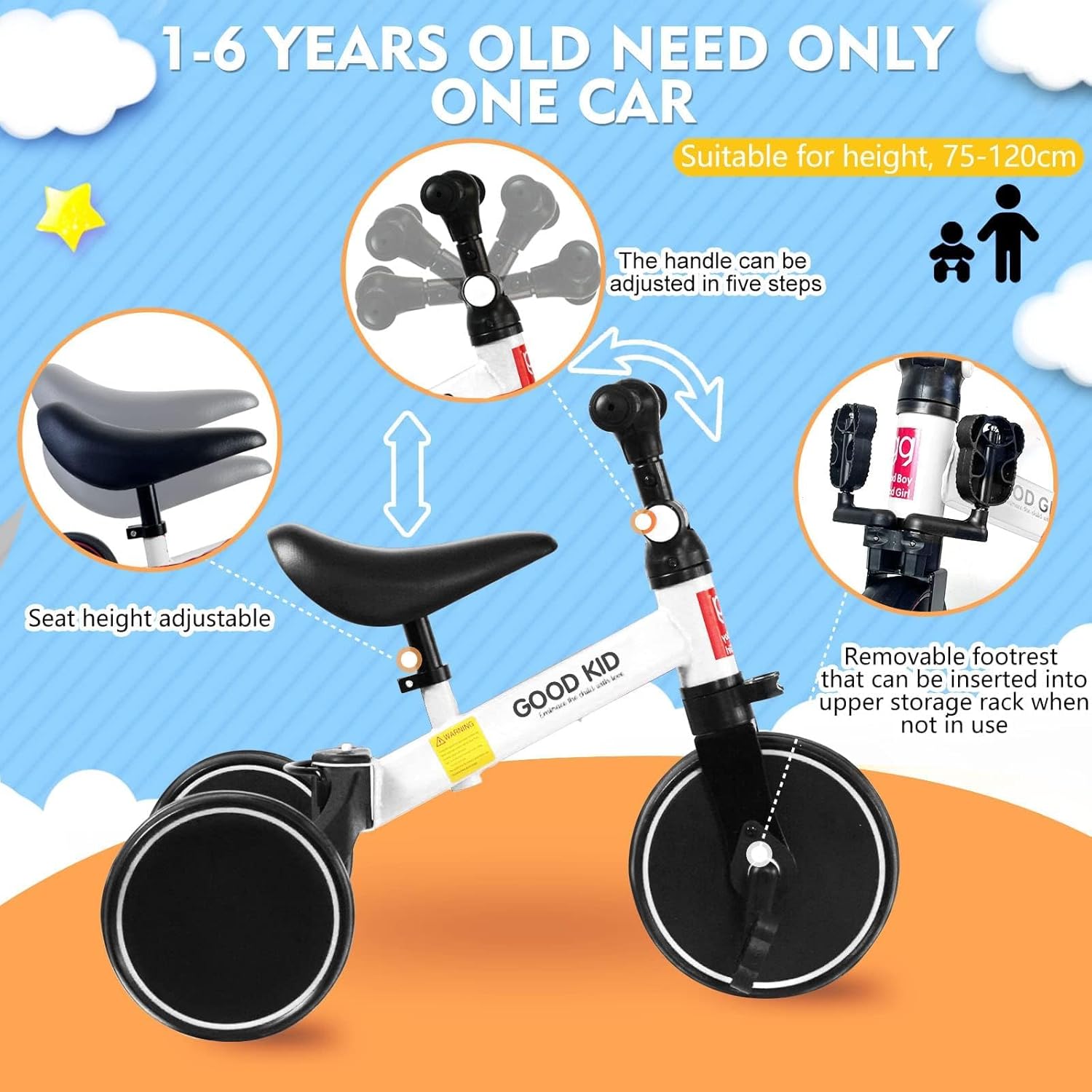 4 in 1 Kids Balance Bike Tricycles for 1.5-5 Years, Toddlers Trike with Adjustable Seat Indoor Outdoor