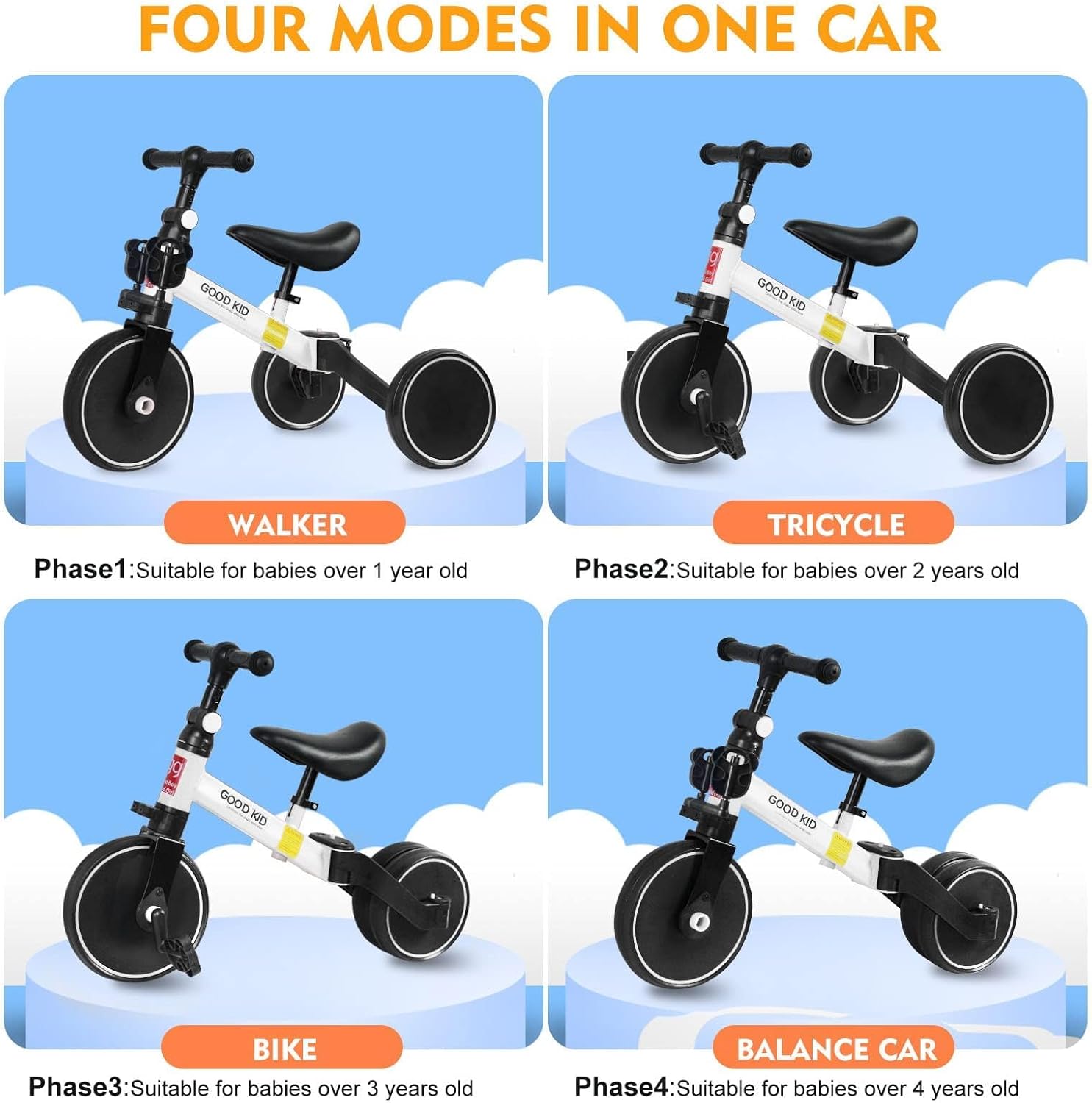 4 in 1 Kids Balance Bike Tricycles for 1.5-5 Years, Toddlers Trike with Adjustable Seat Indoor Outdoor