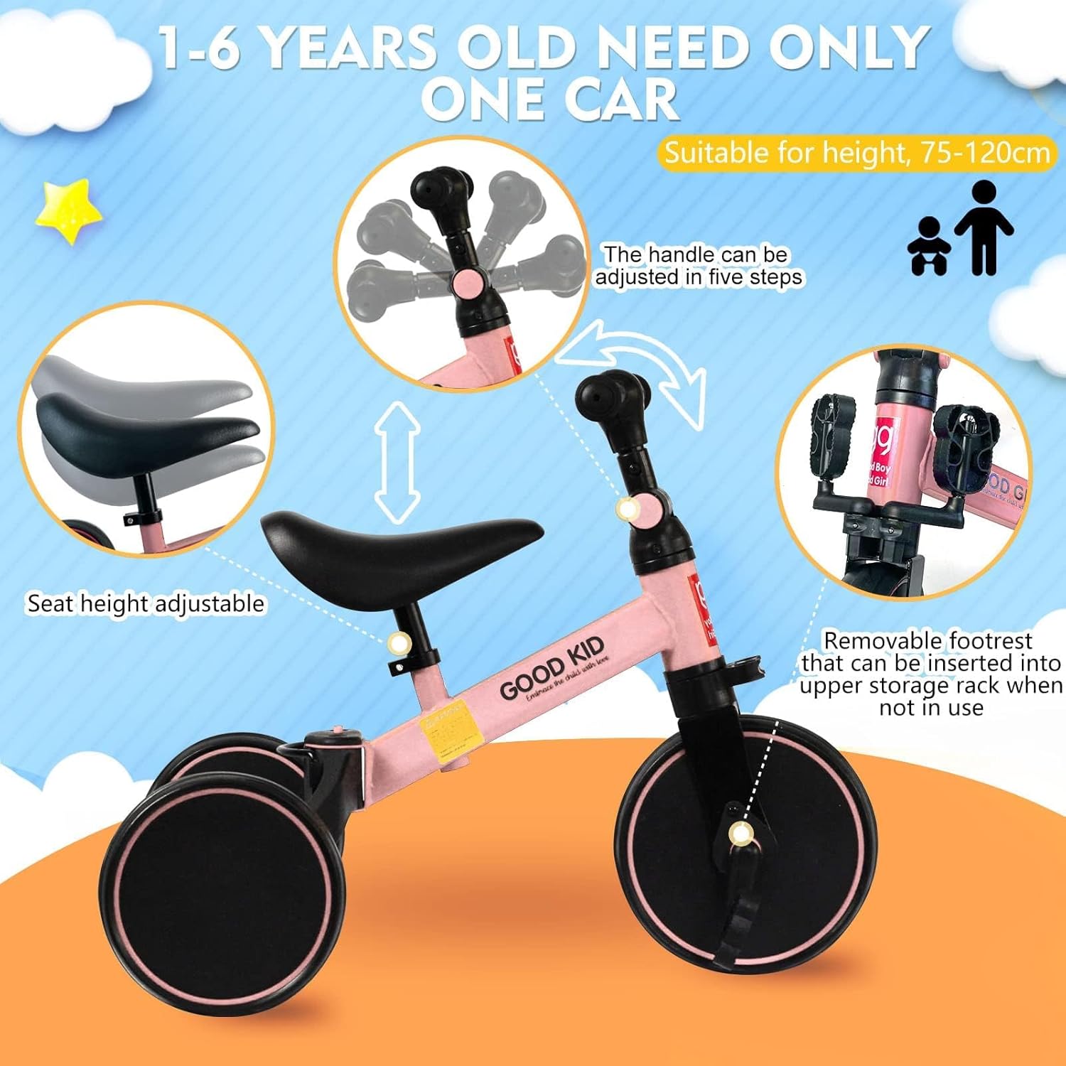 4 in 1 Kids Balance Bike Tricycles for 1.5-5 Years, Toddlers Trike with Adjustable Seat Indoor Outdoor
