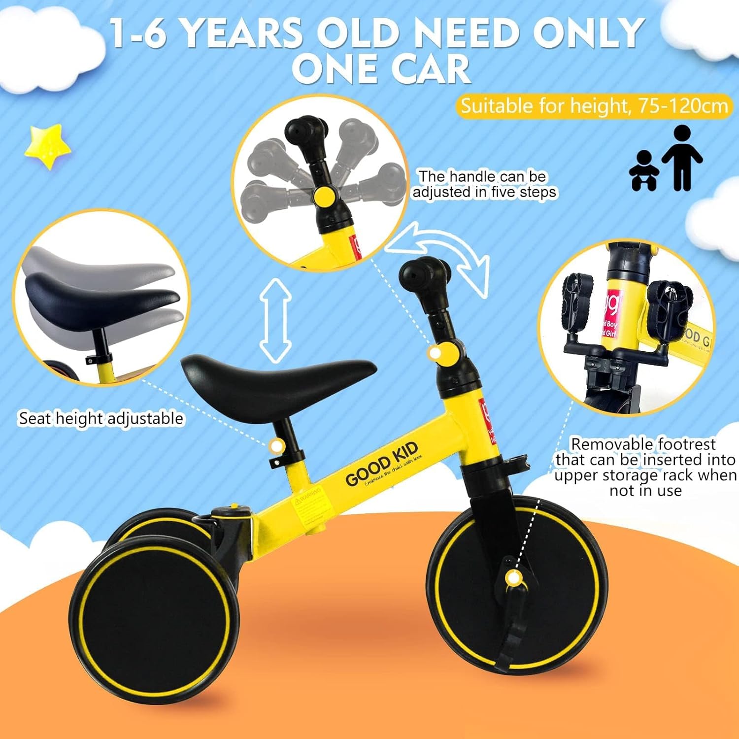 4 in 1 Kids Balance Bike Tricycles for 1.5-5 Years, Toddlers Trike with Adjustable Seat Indoor Outdoor